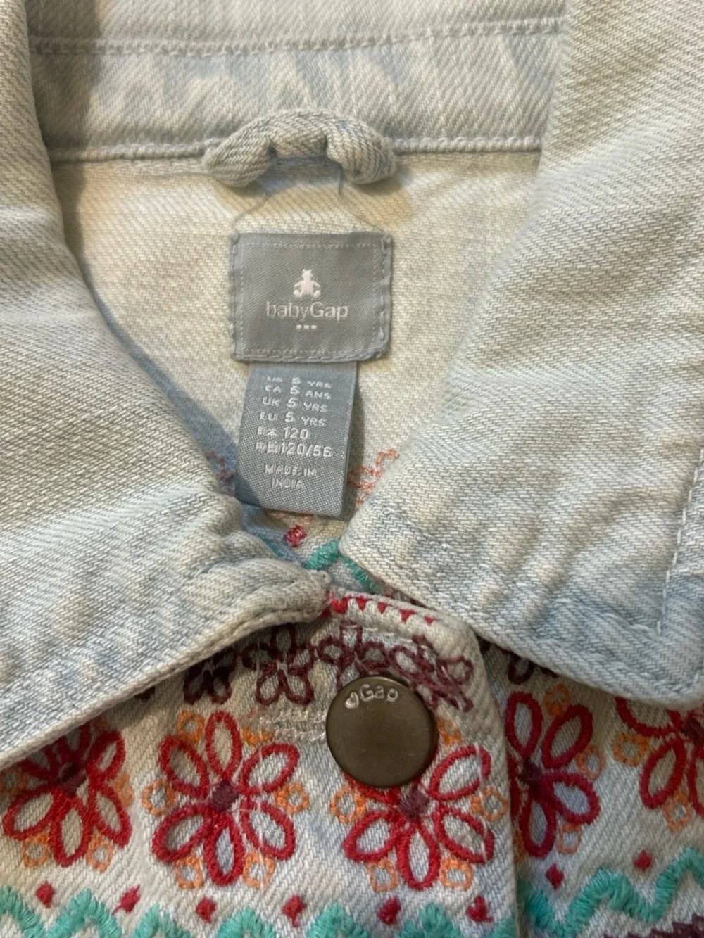 GAP Light Wash Denim Vest with Multicolor Floral Embroidery